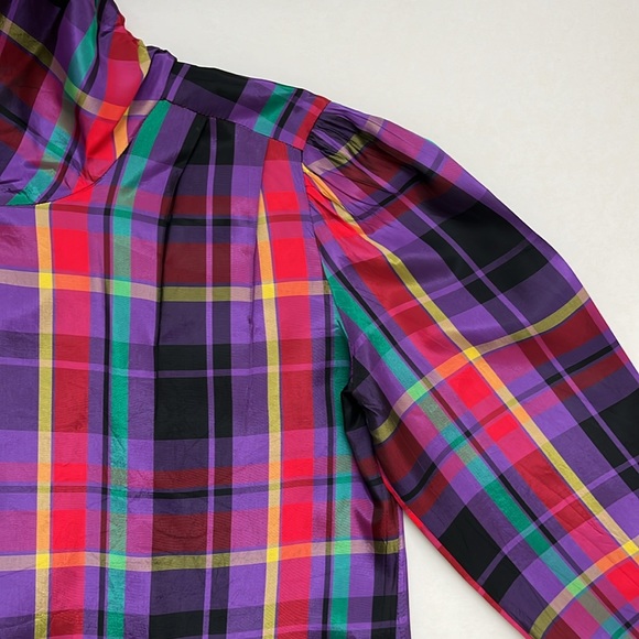 Vintage Colorful Taffeta Plaid Funnel Neck Holiday Winter Blouse Size Small - Picture 11 of 15
